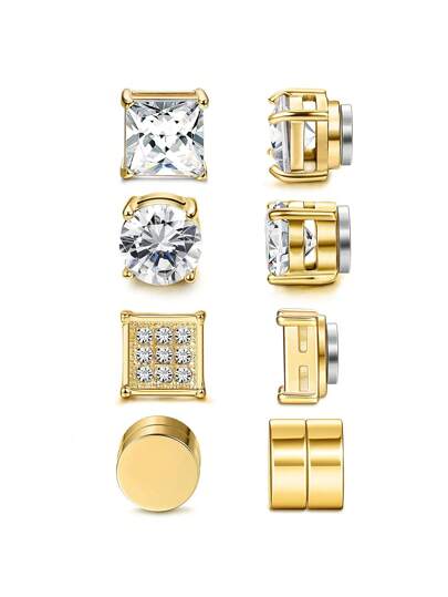 4pairs Fashionable Four Square Cubic Zirconia Gold Plated Magnetic Stainless Steel Clip On Earrings For Men, Daily Wear Gifts