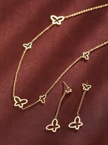 3 件/組蝴蝶設計耳環和項鍊套裝,韓國時尚百搭首飾 - 金黃色 - 查看 1