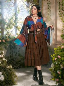 ROMWE Hippie 大碼撞色拼接圖案喇叭袖前打結短款上衣 - 彩色 - 查看 3