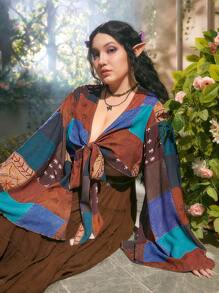 ROMWE Hippie 大碼撞色拼接圖案喇叭袖前打結短款上衣 - 彩色 - 查看 5