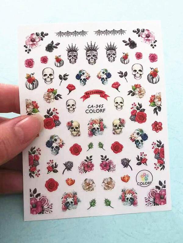 Halloween 1sheet Flower & Skeleton Pattern Nail Art Sticker