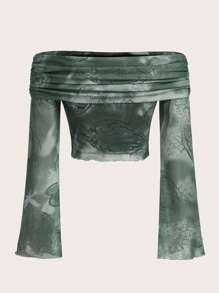 ROMWE Hippie 紮染佩斯利印花一字肩褶邊上衣 - 軍綠色 - 查看 3