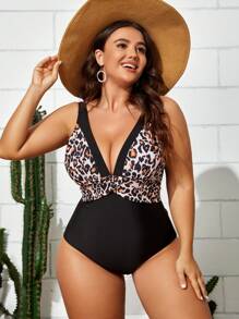 SHEIN Plus Leopard Print Plunging Neck One Piece Swimsuit - Multicolor - View 4