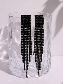 1 pieza Pendientes colgantes con borlas de diamantes de imitación, joyería de cobre - Negro - Ver 2