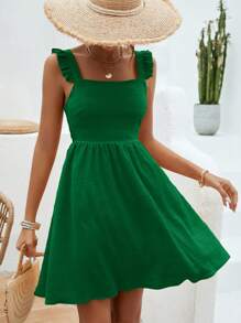 Vivid Eden Solid Ruffle Trim Dress - Green - View 4