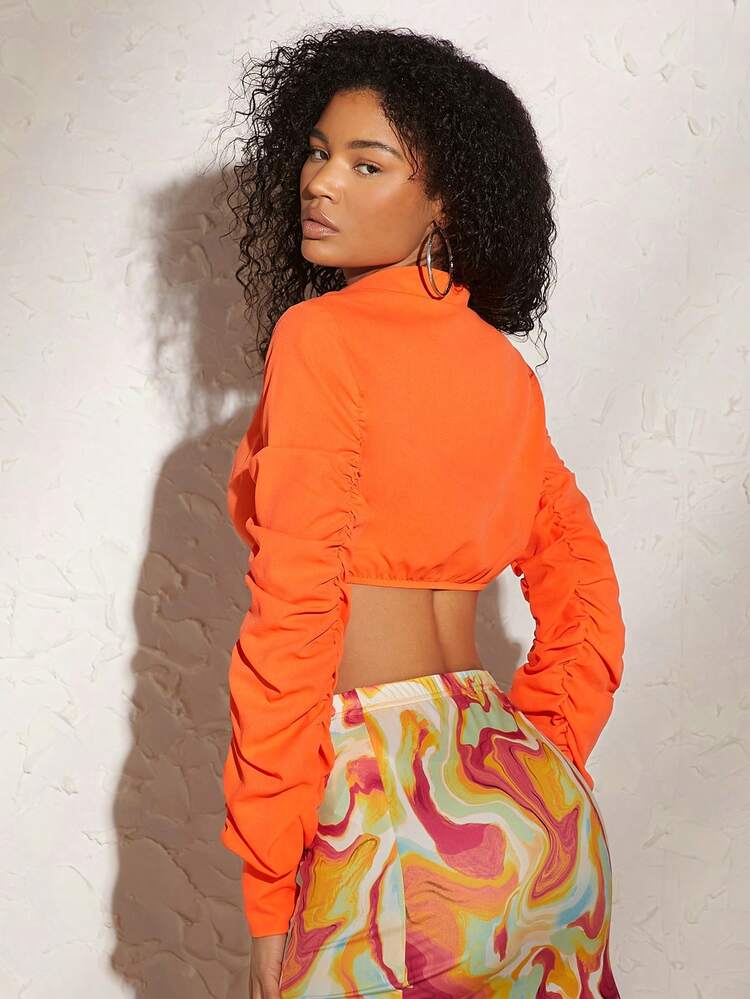 Solid Ruched Sleeve Crop Top