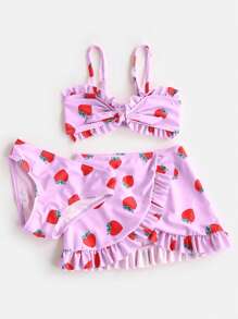 女婴草莓印花荷叶边沙滩装带沙滩裙夏季海滩 - 紫丁香色 - 查看 3
