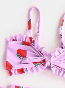 女婴草莓印花荷叶边沙滩装带沙滩裙夏季海滩 - 紫丁香色 - 查看 4