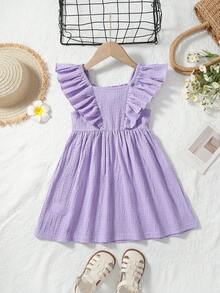 Toddler Girls' Solid Colour Comfortable Knit Ribbed Ruffle Sleeveless Vest Dress - Purple - View 2