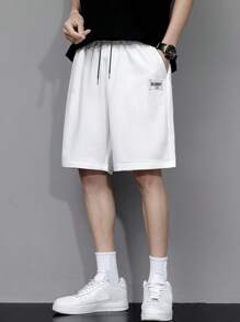 Claim Dot Loose Fit Men's Letter Patched Drawstring Waist Shorts - White - View 1
