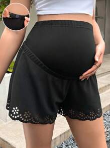 SHEIN Maternity Laser Cut Out Shorts - Black - View 1