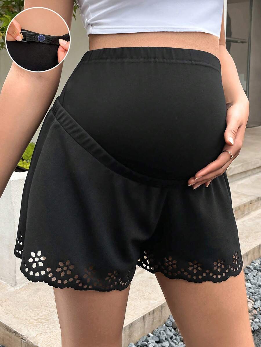 SHEIN Maternity Laser Cut Out Shorts - Black - View 1