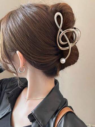 1pc Oversized Faux Pearl & Music Note Zinc Alloy Hair Claw (Minor Scratches Are Normal) Claw Clips Hair Clips Hair Jaw Clip Hair Clamps Hair Clutch Hair Catcher Clip, School Stuff, College, Pearl Hair Accessories Fall Winter For Vacation Outfits Woman