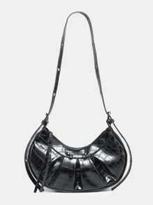 輕便商務休閒中型 Hobo 包鱷魚紋壓花適合青少年女孩女大學生、菜鳥和白領非常適合辦公室、大學、工作、商務、通勤、戶外、旅行、郊遊 - 黑色 - 查看 2