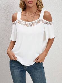 EMERY ROSE Contrast Lace Cold Shoulder Blouse - White - View 5