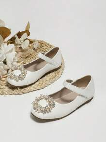 Girls Faux Pearl & Rhinestone Decor Hook-and-loop Fastener Party Mary Jane Shoes Outdoor - White - View 4
