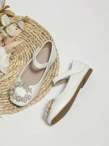 Girls Faux Pearl & Rhinestone Decor Hook-and-loop Fastener Party Mary Jane Shoes Outdoor - White - View 5