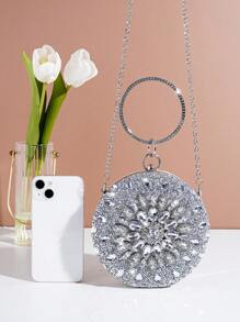 Mini Party Bag With Sunflower Rhinestone Decor, Top Handle Clutch Purse, Elegant Companion For Dress, Suitable For Party, Glamorous Rhinestone Bag - Silver - View 6