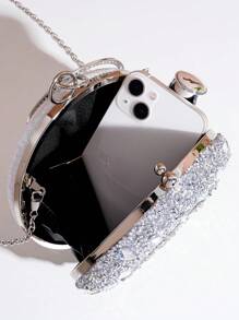 Mini Party Bag With Sunflower Rhinestone Decor, Top Handle Clutch Purse, Elegant Companion For Dress, Suitable For Party, Glamorous Rhinestone Bag - Silver - View 7