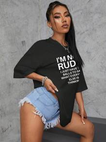 INAWLY 标语图案落肩超大 T 恤 我不粗鲁，我只是有勇气说出其他人的想法 图案 T 恤 女式上衣，男女通用 - 黑色 - 查看 4