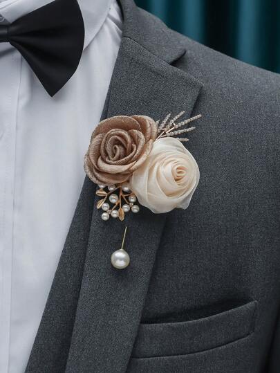 1 pieza Boutonnière de moda de mujer con perla falsa y decoración de flor para boda, fiesta, Día de San Valentín