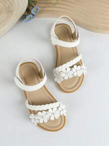 Girls Flower Decor Braided Detail Ankle Strap Sandals For Summer - White - View 1