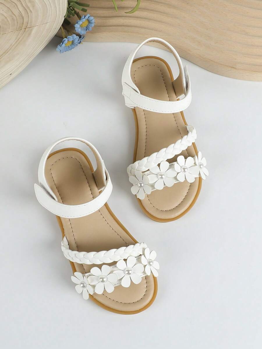 Girls Flower Decor Braided Detail Ankle Strap Sandals For Summer - White - View 1