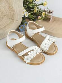 Girls Flower Decor Braided Detail Ankle Strap Sandals For Summer - White - View 3