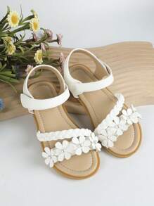 Girls Flower Decor Braided Detail Ankle Strap Sandals For Summer - White - View 7
