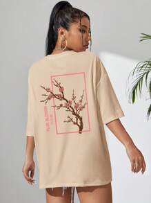 SHEIN EZwear Áo thun nữ Hoa Slogan Giải trí - Màu be - Xem 1