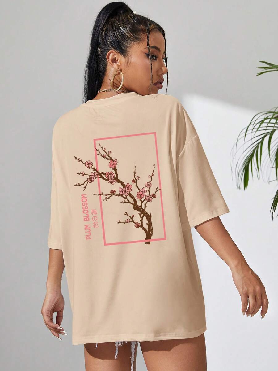 SHEIN EZwear Áo thun nữ Hoa Slogan Giải trí - Màu be - Xem 1