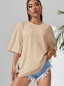 SHEIN EZwear Áo thun nữ Hoa Slogan Giải trí - Màu be - Xem 2