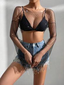Zolique Top crop con diamante de imitación tachuela de malla sin sujetador - Negro - Ver 6