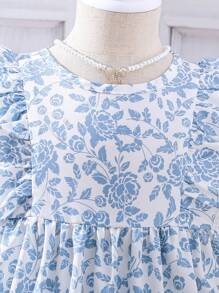 SHEIN Young Girl Floral Print Ruffle Trim Dress - Blue and White - View 5