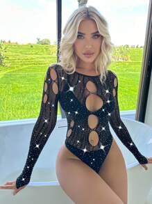 Rhinestone Studded Cut Out Detail Teddy Bodysuit Lingerie For Rave - Black - View 4