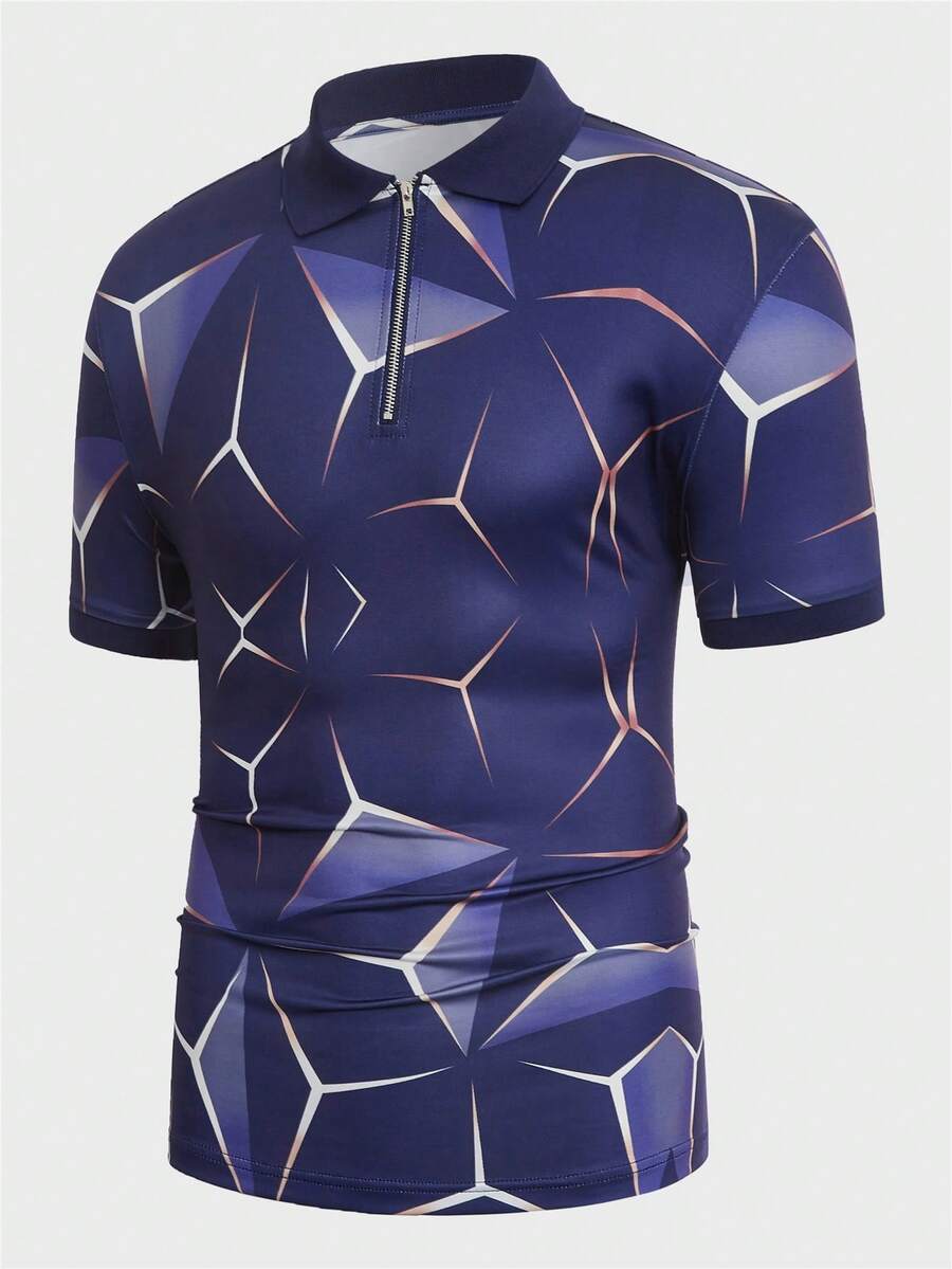 Manfinity Homme Men Geo Print Quarter Zip Polo Shirt - Navy Blue - View 1