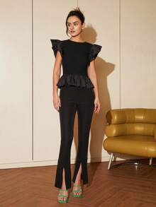 荷葉邊荷葉邊下擺針織上衣 - 黑色 - 查看 4