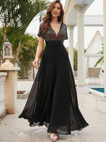 Contrast Sequin Mesh Insert Chiffon Formal Dress - Black - View 1