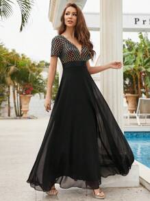 Contrast Sequin Mesh Insert Chiffon Formal Dress - Black - View 5