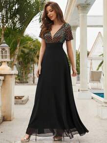 Contrast Sequin Mesh Insert Chiffon Formal Dress - Black - View 6