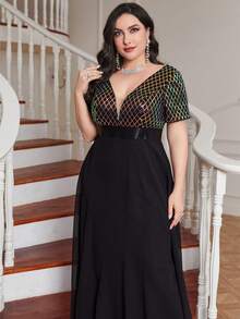 Plus Contrast Sequin Mesh Insert Chiffon Formal Dress - Black - View 5