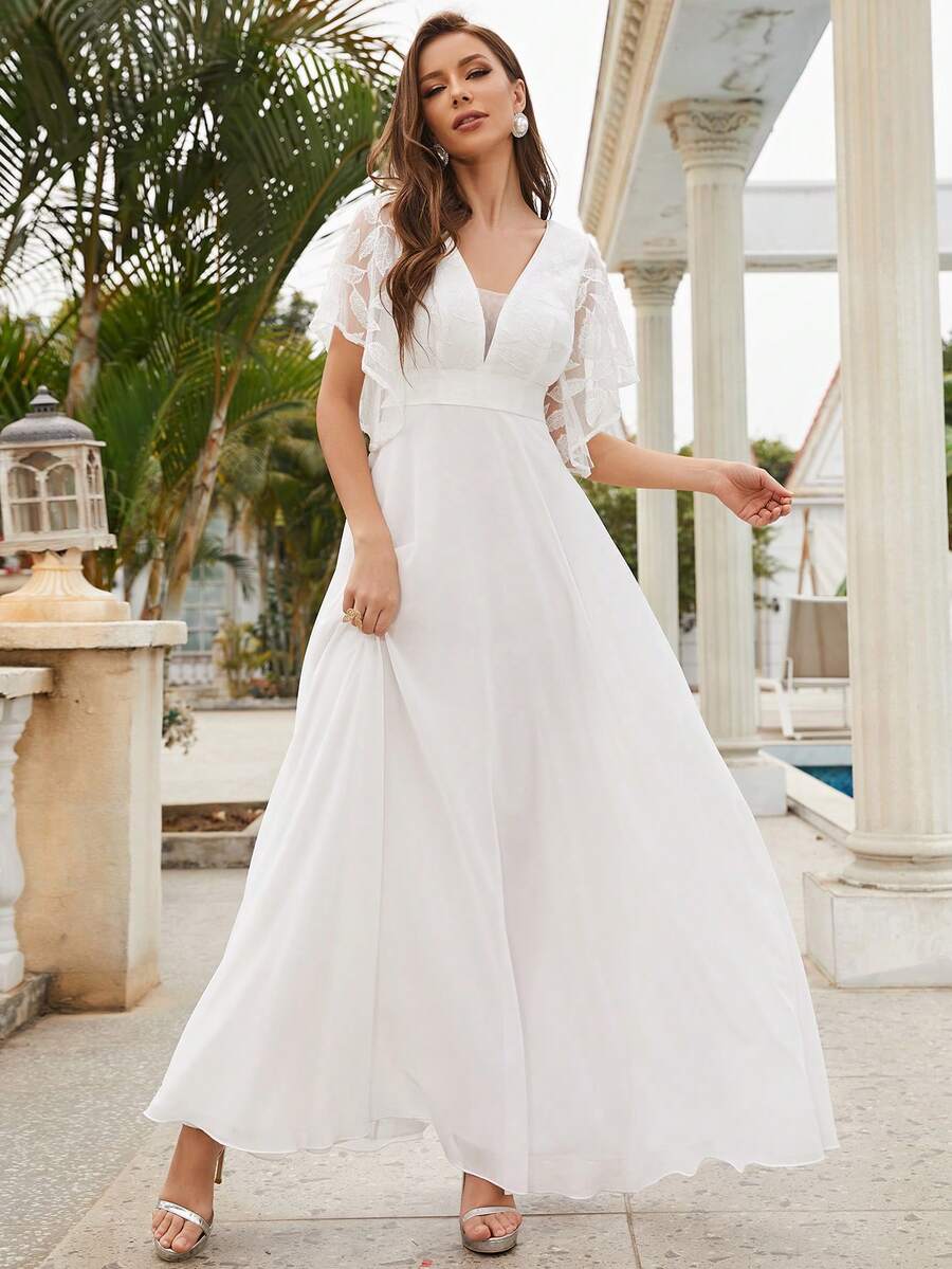 Vestido de novia con diseño bordado de manga mariposa maxi - Blanco - Ver 1