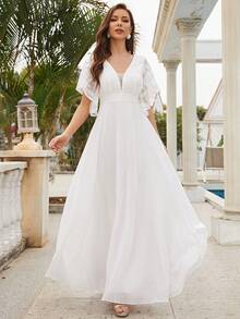 Vestido de novia con diseño bordado de manga mariposa maxi - Blanco - Ver 6