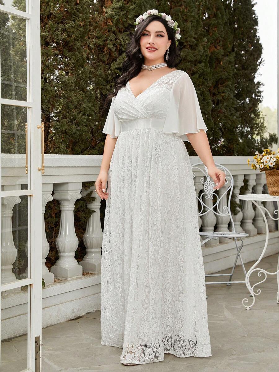 Plus Butterfly Sleeve Lace Wedding Dress - White - View 1