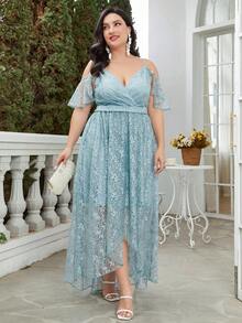 Plus Cold Shoulder High Low Hem Lace Dress - Cadet Blue - View 3