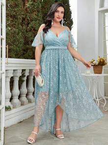 Plus Cold Shoulder High Low Hem Lace Dress - Cadet Blue - View 4