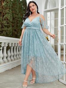 Plus Cold Shoulder High Low Hem Lace Dress - Cadet Blue - View 5