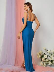 褶邊高衩吊帶連衣裙 - 藍色 - 查看 2