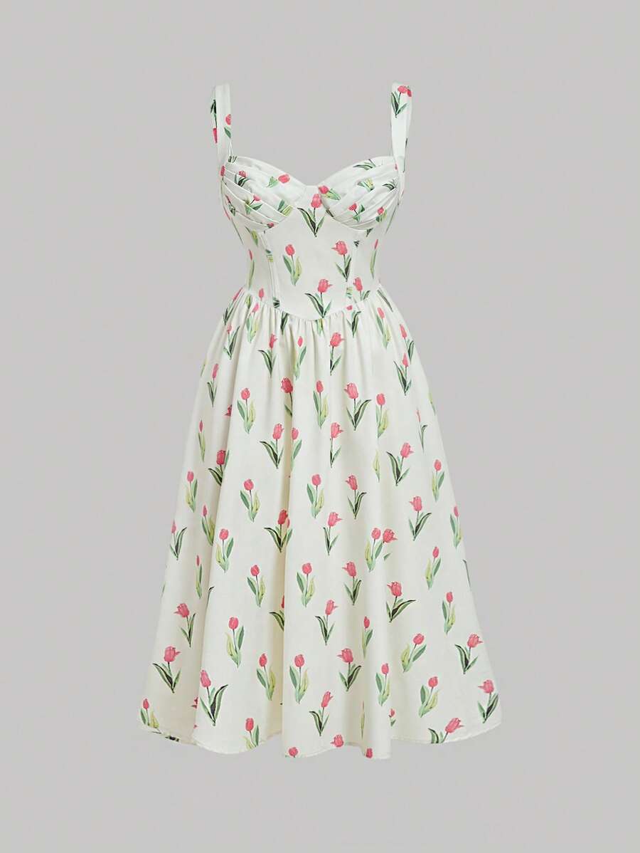 SHEIN MOD Plus Allover Floral Print Cami Dress - Beige - View 1