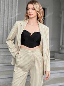UNIQUE21 1pc Striped Print Double Breasted Blazer